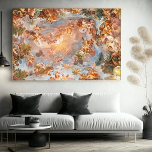K&ouml;nnte beinhalten: Ein Gem&auml;lde einer farbenfrohen, verzierten Decke mit Engeln und Wolken. Die Decke ist in einem Stil gemalt, der an die Renaissance erinnert.