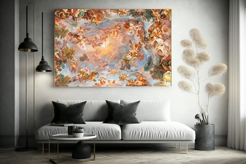 K&ouml;nnte beinhalten: Ein Gem&auml;lde einer farbenfrohen, verzierten Decke mit Engeln und Wolken. Die Decke ist in einem Stil gemalt, der an die Renaissance erinnert.
