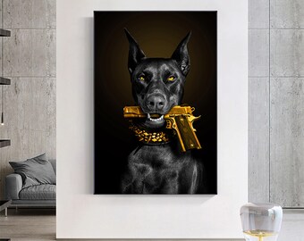 黄金の銃を持つドーベルマンのキャンバスプリント、野生の犬のアート