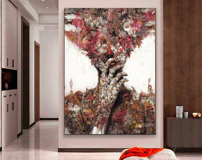 woman with flower canvas, abstract flower woman painting, rose head woman painting, flower painting, woman art