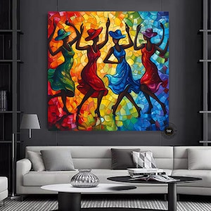 Mujeres africanas bailando: lienzo de madera enmarcado