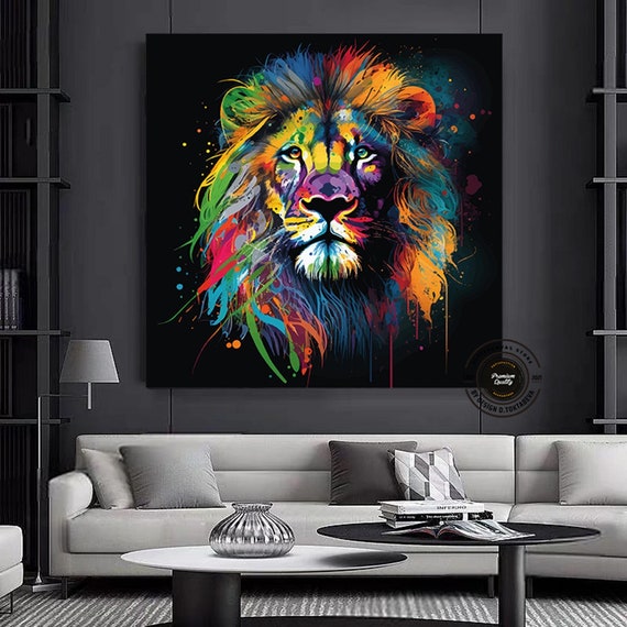 Pop Art Lion Canvas, Colorful Abstract Animal Art Print