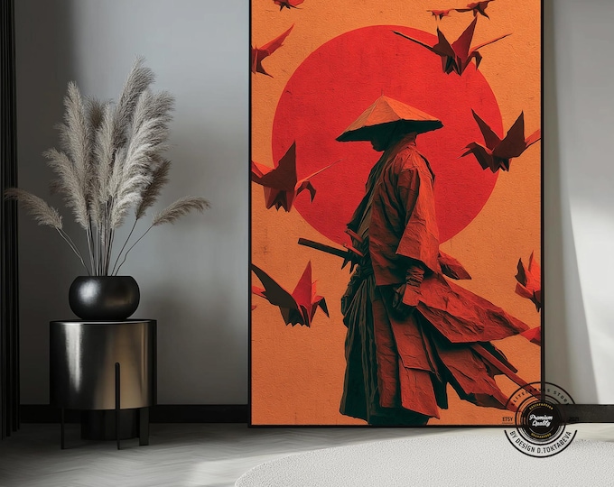 Samurai Red Sun Canvas Art – Origami Cranes, Japanese Decor