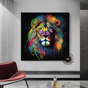 May include: A colorful abstract painting of a lion's face with splashes of paint in shades of blue, green, yellow, orange, and red on a black background.