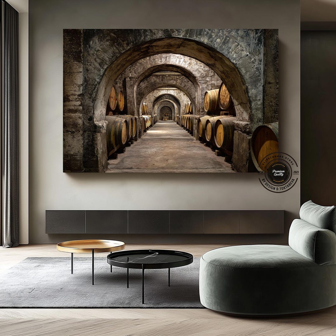 Vintage Wine Cellar Painting, Canvas Print. Wooden Wine Barrels, Rustic ...