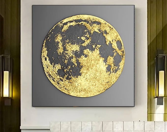 full moon canvas painting, abstract moon, golden moon canvas print, moon home decor, moon wall art