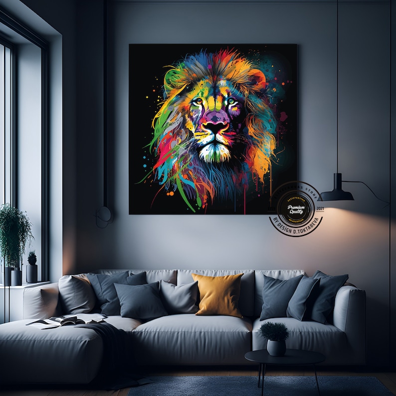 May include: A colorful abstract painting of a lion's face with splashes of paint in shades of blue, green, yellow, orange, red, and purple on a black background.