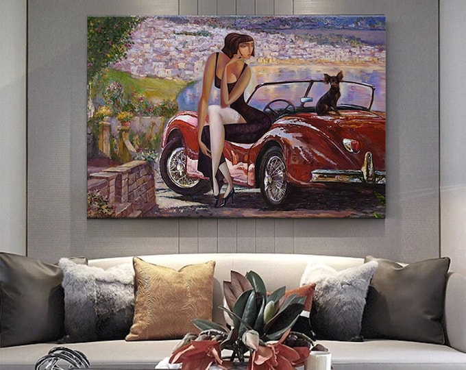 Girl Wall Art, Car Wall Decor, Abstract Art, Contemporary Wall Art, Modern Canvas Art, Woman Wall Art, Landscape Wall Decor, Red Car Art,