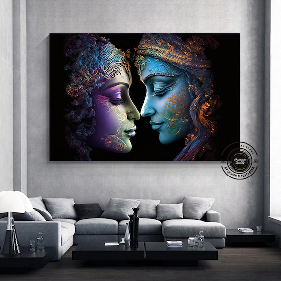 インド製☆大判☆額入りアート☆ラーダ＆クリシュナ ラダ クリシュナの絵画、複製アート キャンバス、インドの伝統的な