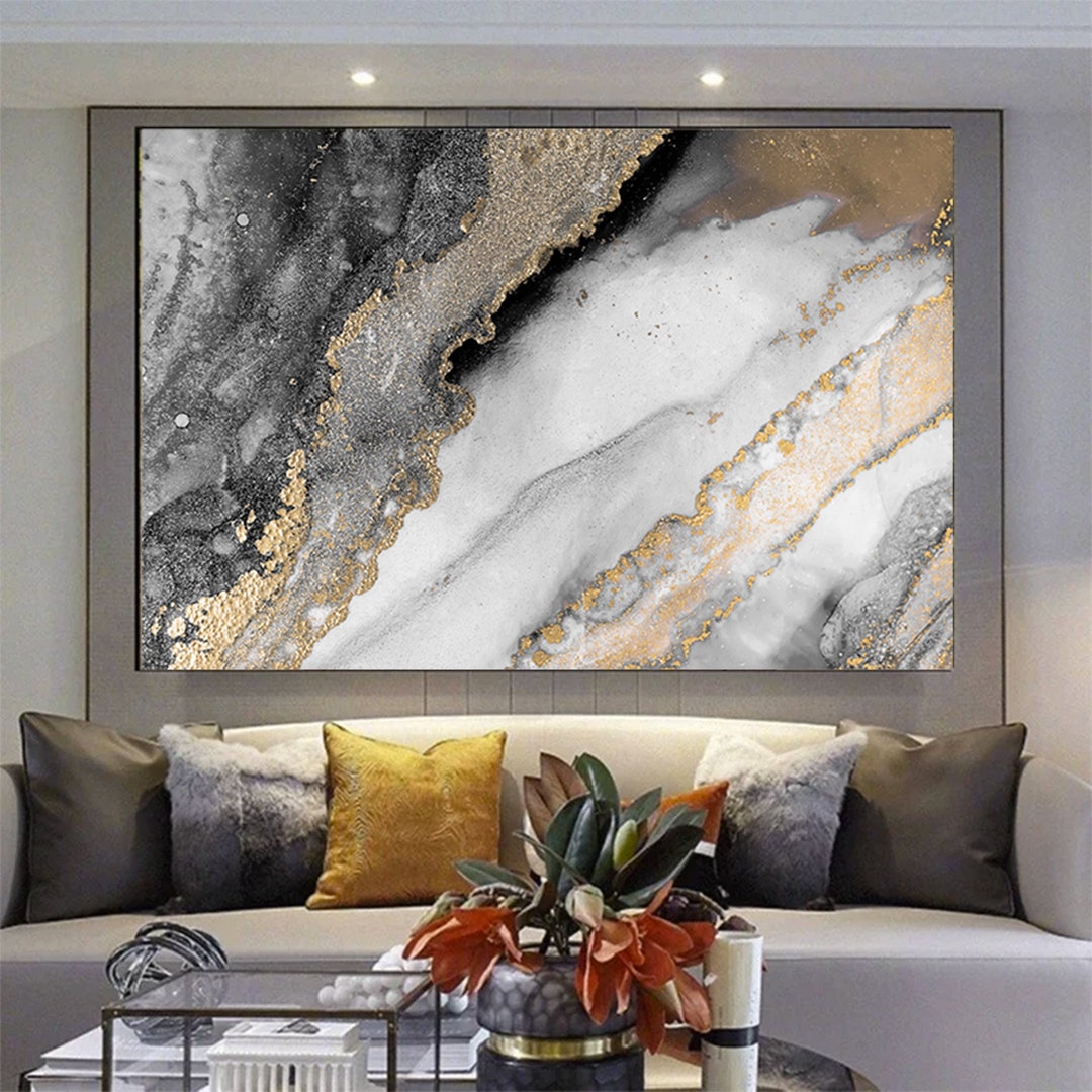 Gray Gold Abstract Canvas Print Abstract Luxury Wall Art Living Room Decor Oversized