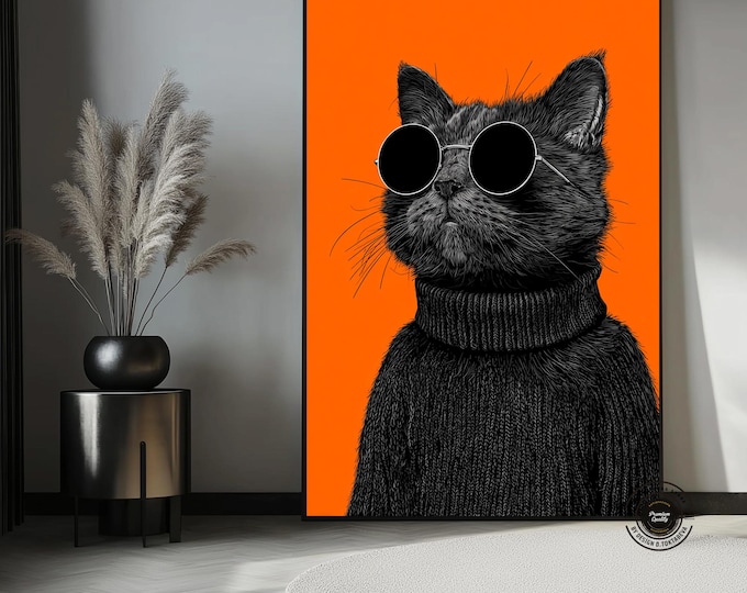 Cool Cat with Sunglasses – Modern Pop Art Cat Painting on an Orange Background | Trendy Decor Canvas Painting