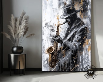 Modern Jazz Musician Canvas Print | Gold and Gray Abstract Saxophone Wall Art