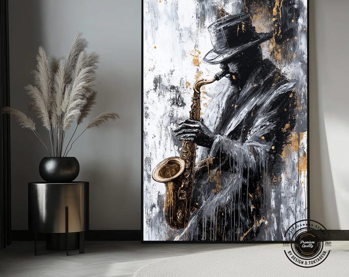 Modern Jazz Musician Canvas Print | Gold and Gray Abstract Saxophone Wall Art