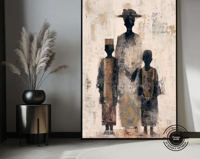 African Family Abstract Canvas Art, Tribal Earth Tone Ethnic Decor