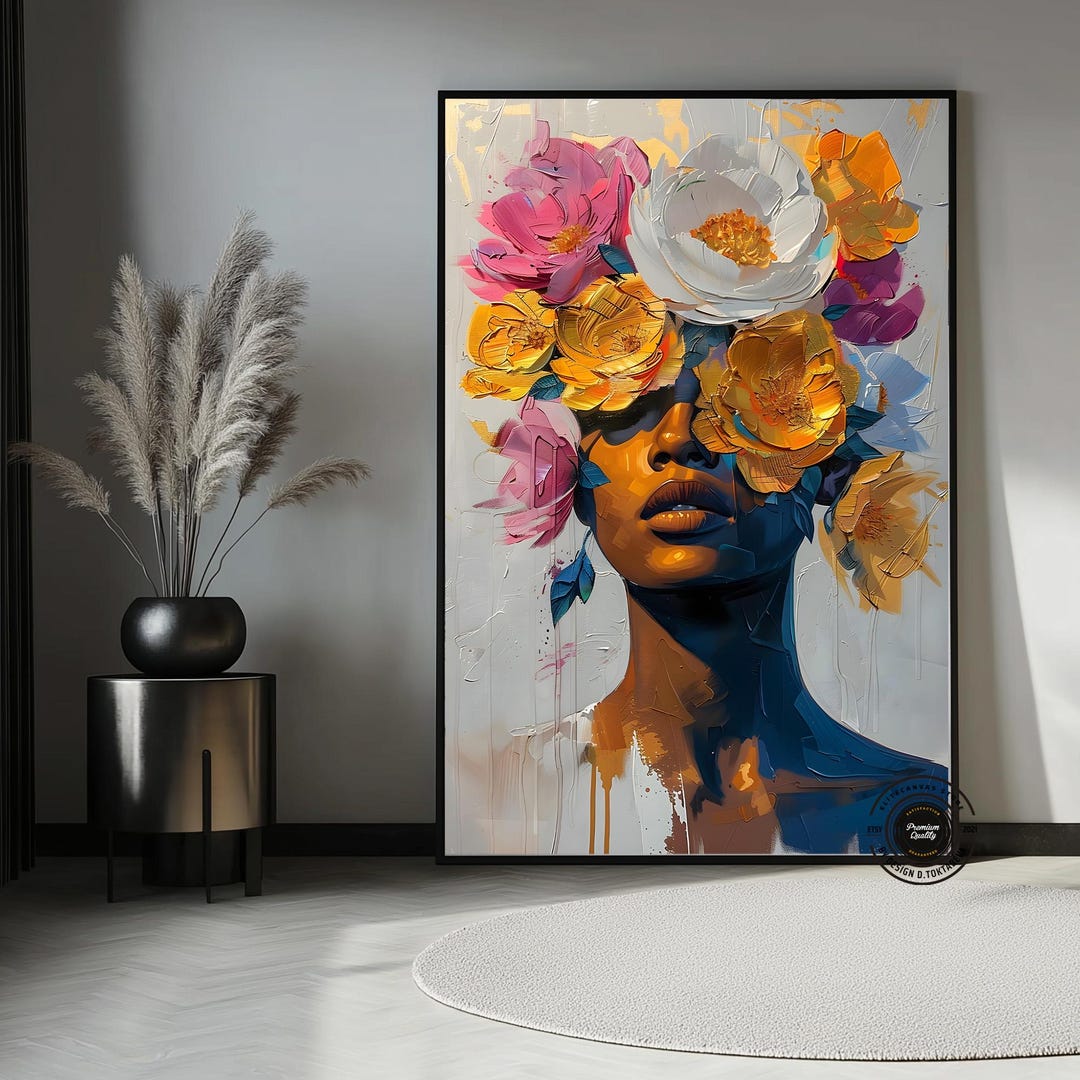 Black Woman Floral Head Canvas Art: African American Woman Wall Decor ...
