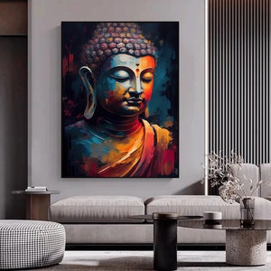 Peut inclure: Une peinture color&eacute;e d'un Bouddha &agrave; l'expression sereine. La peinture est r&eacute;alis&eacute;e dans un style qui ressemble &agrave; des coups de pinceau, avec des nuances de bleu, d'orange et de rouge.