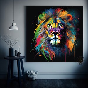 May include: A colorful abstract painting of a lion's face with splashes of paint in shades of red, orange, yellow, green, blue, and purple on a black background.