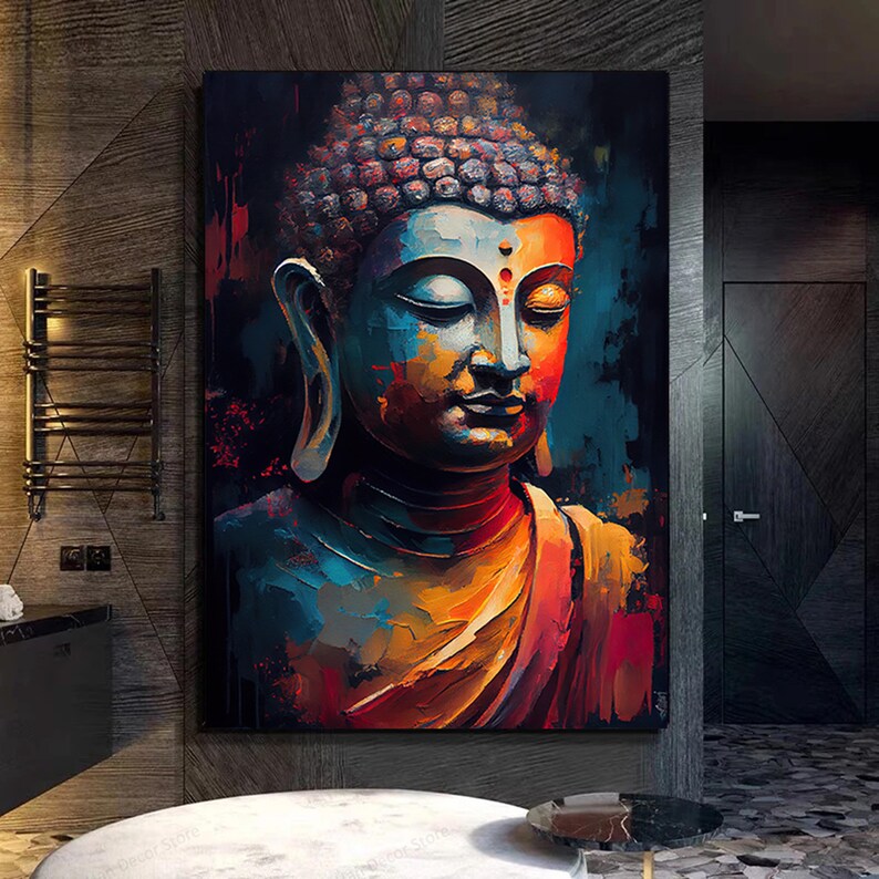 Peut inclure: Une peinture abstraite color&eacute;e de Bouddha avec un sch&eacute;ma de couleurs bleu, orange et jaune. La peinture est r&eacute;alis&eacute;e dans un style qui ressemble &agrave; des coups de pinceau.