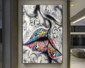 Kissing Lovers Graffiti Art Canvas Print, Abstract Street Art
