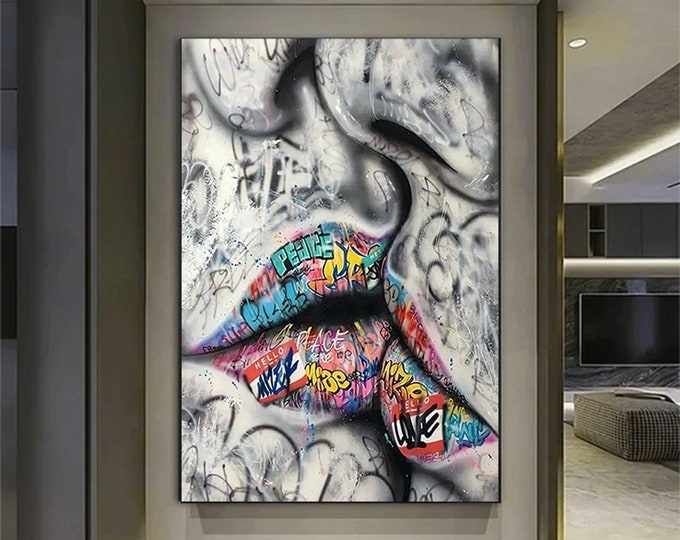 Kissing Lover Graffiti Art Canvas Pictures Wall Art Posters and Prints Abstract Street Art Wall Pictures Home Decorations