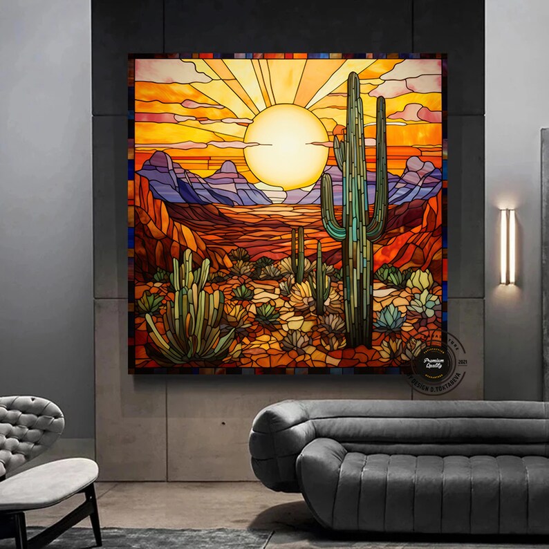 May include: A stained glass style artwork depicting a desert landscape with a large sun, mountains, and cacti. The colors are vibrant and include shades of orange, yellow, green, and blue.