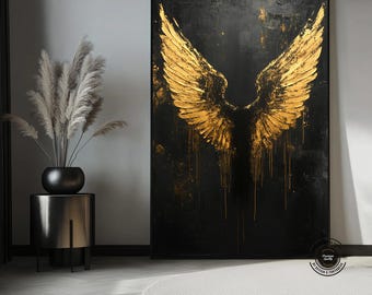 Black and Gold Angel Wings Canvas Art Print, Ready to Hang