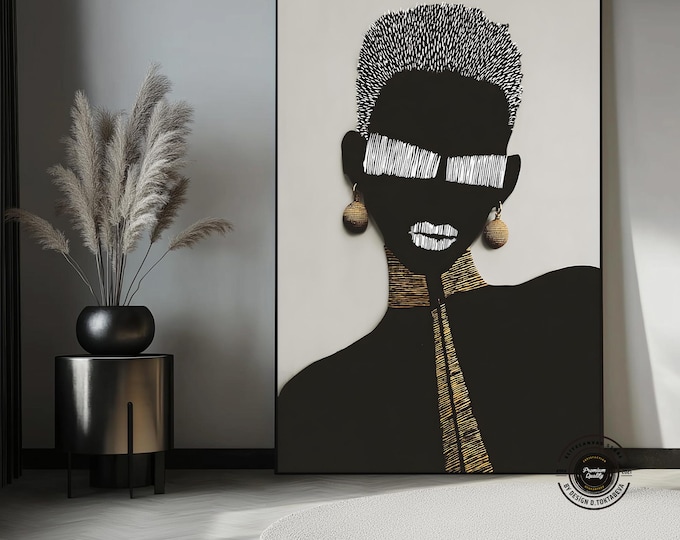 Chic Black and Gold Diva Portrait, Modern Minimalist Silhouette Art, Afrocentric Decor