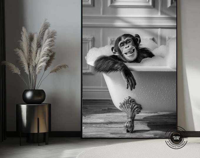 Black & White Whimsical Monkey Bath Art – Playful Animal Wall Decor, Modern Funny Bathroom Canvas