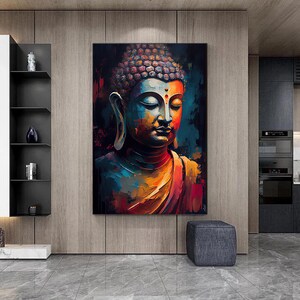 Peut inclure: Une peinture abstraite color&eacute;e d'un Bouddha &agrave; l'expression sereine. La peinture pr&eacute;sente des nuances de bleu, d'orange, de jaune et de rouge.