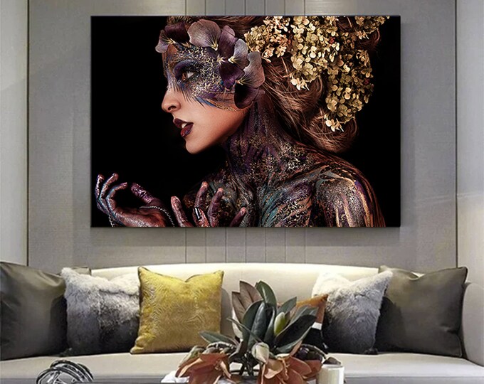 African Woman Black Canvas Wall Art , Ethnic woman canvas painting , gold woman canvas print, modern home decor ,