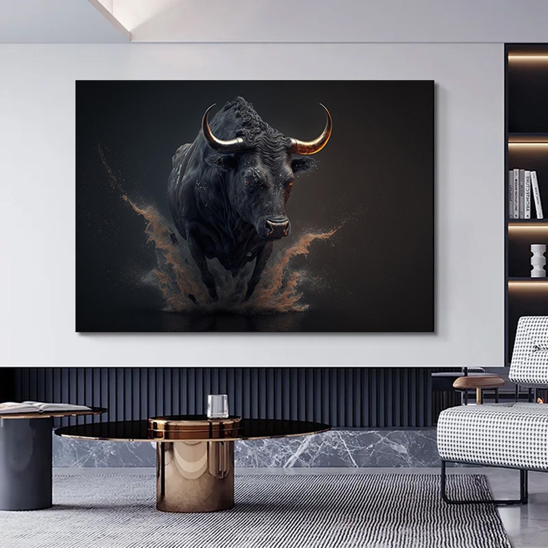 Bull Canvas Art Gold & Black Charging Bull Financial District Wall