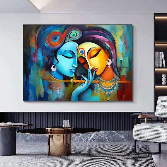 Radha Krishna Canvas Painting, Traditional Indian Art Print