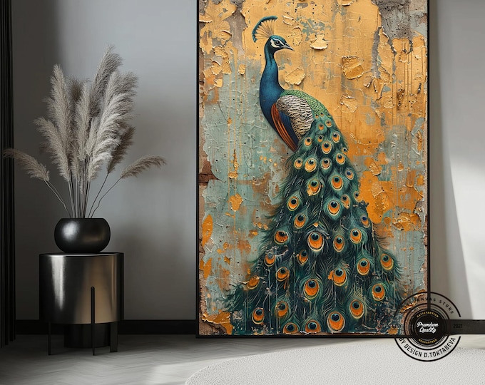 Golden Peacock Antique Style Canvas Wall Art