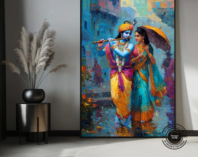 Hindu God Krishna and Radha Artwork – Traditional Indian Canvas Wall Decor