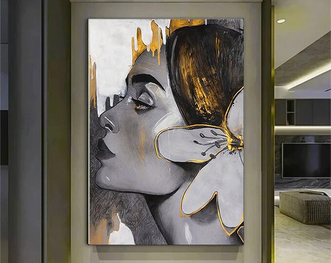 Woman with lily in her hair canvas print art, gold lily canvas print, beautiful face woman with golden hair painting, home decor, canvas art