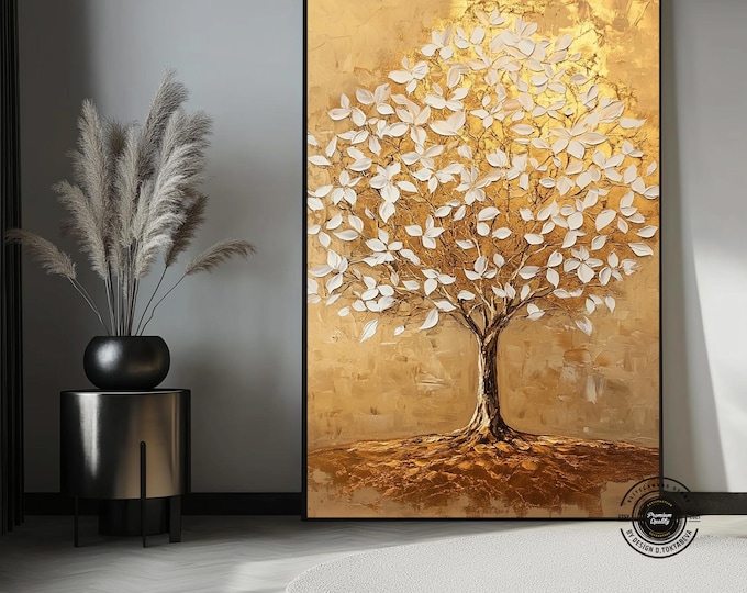 Luxury Gold Leaf Tree Painting – Modern Statement Wall Decor
