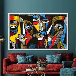 Surrealistische canvasafdruk met gekleurde gezichten, abstract portret muurdecoratie