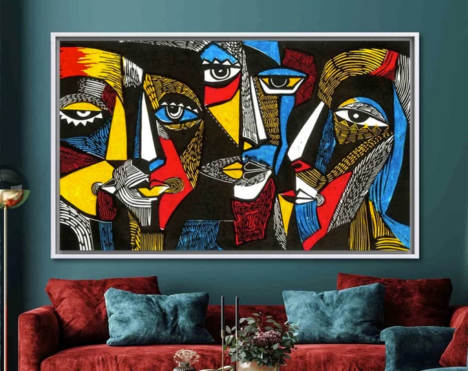 Surreal Colored Faces, Abstract Wall Decor, Trendy Poster, Contemporary Wall Art, Human Portrait Art Canvas, Abstract Face Artwork,
