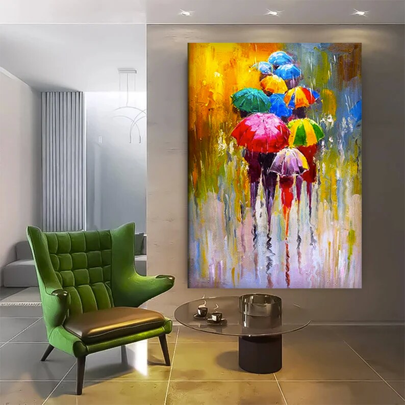 May include: A colorful abstract painting of people walking with umbrellas in the rain. The umbrellas are various colors, including red, yellow, blue, green, and purple. The background is a blurred yellow and green landscape.