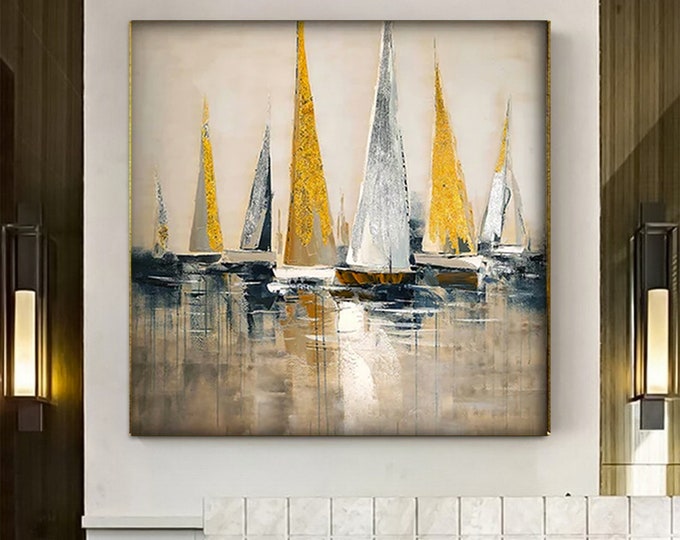 Boat canvas, gold ships painting, abstract sailing wall art, sailboats print, paint textured canvas, glitter textured art painting