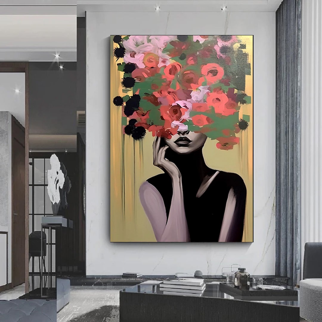 Woman With Flower Head Canvas Painting, Roses and Woman Print, Flower