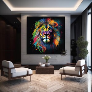 May include: A colorful abstract painting of a lion's face with splashes of paint in shades of red, orange, yellow, green, blue, and purple on a black background.
