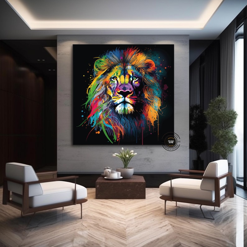 May include: A colorful abstract painting of a lion's face with splashes of paint in shades of red, orange, yellow, green, blue, and purple on a black background.