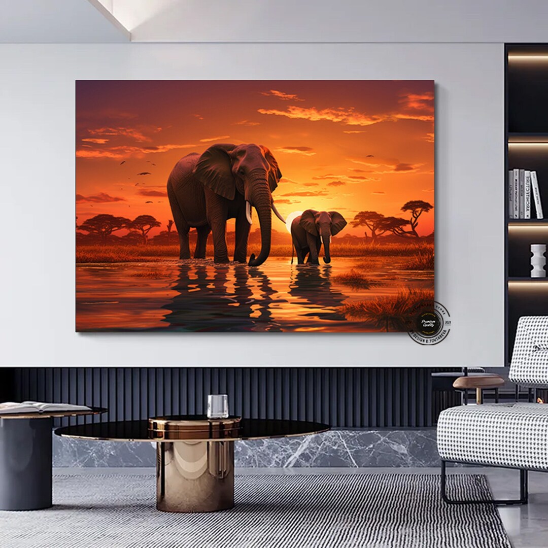 Elephant Family Canvas Art: African Sunset Landscape, Ready to Hang - Etsy