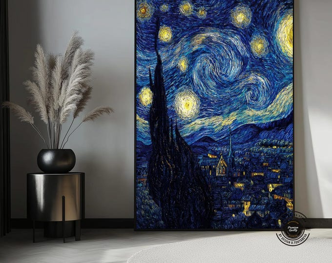 Starry Night Abstract Canvas Art – Swirl Sky Landscape Wall Decor