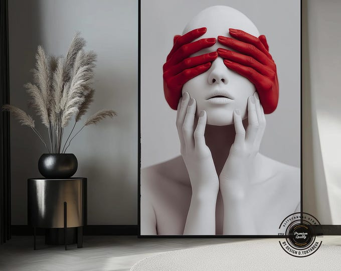 Red Hands Blindfold Art Print, Minimalist Abstract Portrait, Modern Black and White Canvas