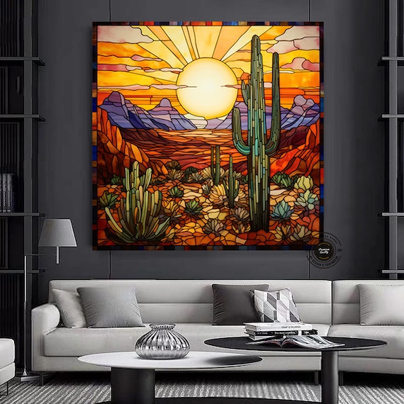 Stained Glass Saguaro Cactus Canvas Print: Sonoran Desert Wall Art