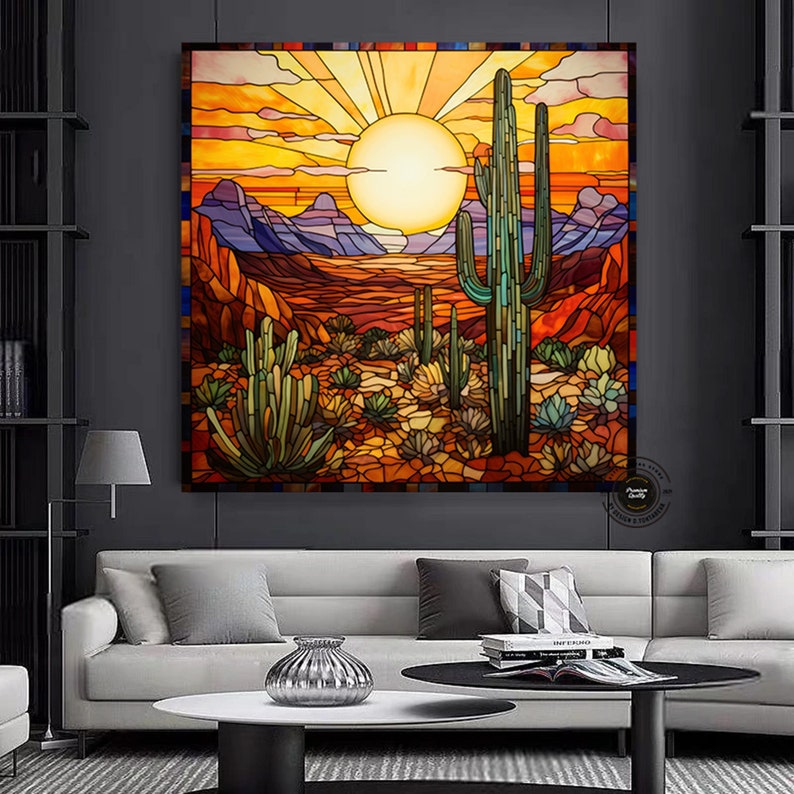 May include: A stained glass style artwork depicting a desert landscape with a large sun, mountains, and cacti. The colors are vibrant and include shades of orange, yellow, green, and blue.