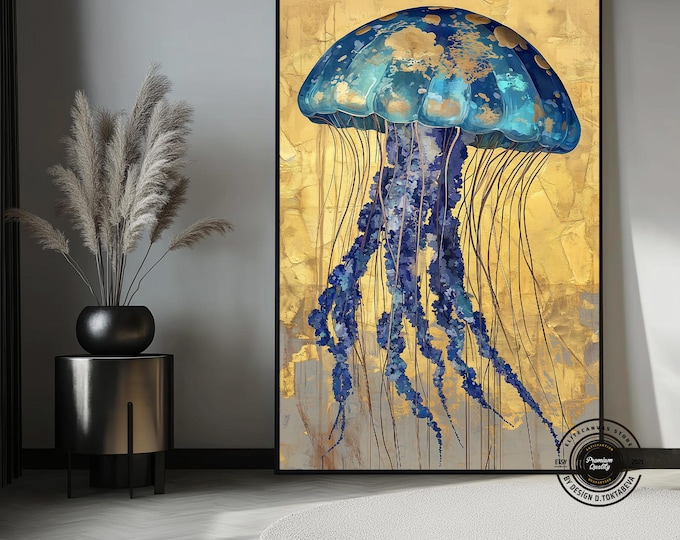 Gold and Blue Sea Life Art – Elegant Jellyfish Canvas Print