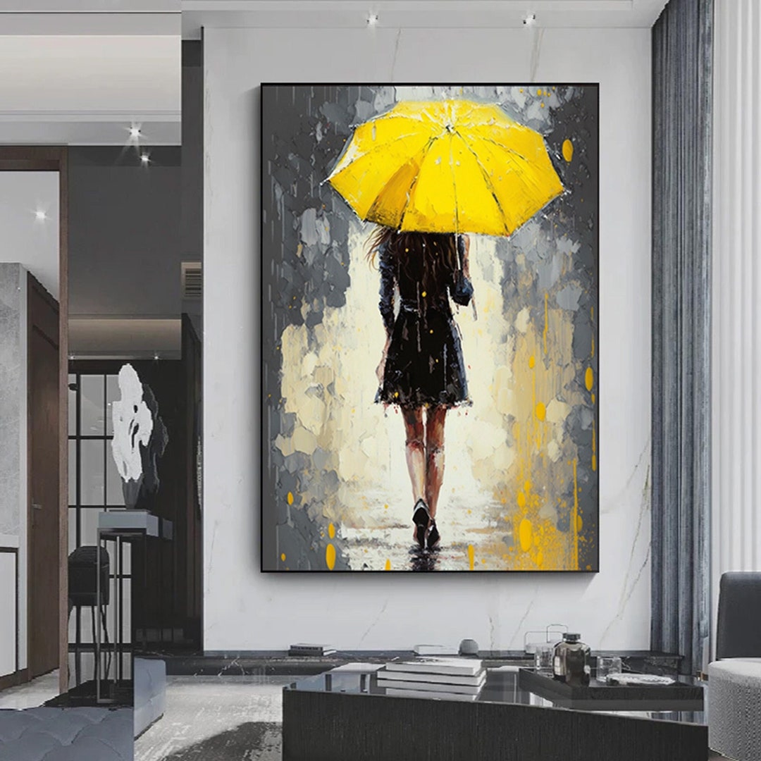 Abstract Woman With Yellow Umbrella Canvas Print, Woman Walking With
